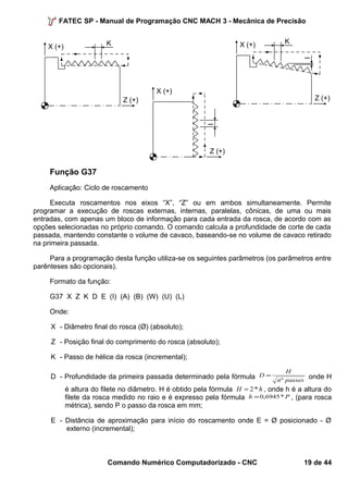 FATEC SP - Manual de Programação CNC MACH 3 - Mecânica de Precisão 
X (+) K 
Z (+) 
I 
X (+) 
Z (+) 
X (+) K 
Z (+) 
I 
Função G37 
Aplicação: Ciclo de roscamento 
Executa roscamentos nos eixos “X”, “Z” ou em ambos simultaneamente. Permite 
programar a execução de roscas externas, internas, paralelas, cônicas, de uma ou mais 
entradas, com apenas um bloco de informação para cada entrada da rosca, de acordo com as 
opções selecionadas no próprio comando. O comando calcula a profundidade de corte de cada 
passada, mantendo constante o volume de cavaco, baseando-se no volume de cavaco retirado 
na primeira passada. 
Para a programação desta função utiliza-se os seguintes parâmetros (os parâmetros entre 
parênteses são opcionais). 
Formato da função: 
G37 X Z K D E (I) (A) (B) (W) (U) (L) 
Onde: 
X - Diâmetro final do rosca (Ø) (absoluto); 
Z - Posição final do comprimento do rosca (absoluto); 
K - Passo de hélice da rosca (incremental); 
D H 
= onde H 
D - Profundidade da primeira passada determinado pela fórmula n º 
passes 
é altura do filete no diâmetro. H é obtido pela fórmula H = 2 * h , onde h é a altura do 
filete da rosca medido no raio e é expresso pela fórmula h =0,6945*P , (para rosca 
métrica), sendo P o passo da rosca em mm; 
E - Distância de aproximação para início do roscamento onde E = Ø posicionado - Ø 
externo (incremental); 
Comando Numérico Computadorizado - CNC 19 de 44 
 