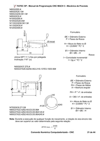 FATEC SP - Manual de Programação CNC MACH 3 - Mecânica de Precisão 
N80G0Z85.# 
N85G0X28.15# 
N90G33Z48.5K1.5# 
N95G0X35.# 
N100G0Z85.# 
N105G0X28.05# 
N110G33Z48.5K1.5# 
N115G0X35.# 
N120G0X85.# 
Rosca 
cônica NPT 11 ½ fios por polegada 
Inclinação 1o47’ (a) 
N50G0X37.Z75.# 
N55G37X28.02Z50.5K2.21I0.137E5.15D0.96# 
Formulário 
ØE = Diâmetro Externo 
P = Passo da Rosca 
H = Altura do filete no Ø 
H = (0,6945 * P) * 2 
Ø I = Diâmetro Interno 
ØI = ØE – H 
I = Conicidade incremental 
I = (tg a * P) * 2 
A0 
N75G0X30.Z112# 
N80G37X22.4Z62.K6.E5.D0.86# 
N85G37X22.4Z62.K6.E5.D0.86A120.# 
N90G37X22.4Z62.K6.E5.D0.86A240.# 
Nota: Durante a execução de qualquer função de roscamento, a rotação do eixo-árvore não 
deve ser superior ao valor determinado pela seguinte relação: 
RPM max. = 4500 
K 
Comando Numérico Computadorizado - CNC 21 de 44 
60 
10 
0 
4 
M25 x 2 
3 entradas 
Formulário 
ØE = Diâmetro Externo 
P = Passo da Rosca 
PH = Passo de Hélice 
A = Abertura angular 
PH = P * nº. de entradas 
A = 360 / nº. de entradas 
H = Altura do filete no Ø 
H = (0,6945 * P) * 2 
Ø I = Diâmetro Interno 
ØI = ØE - H 
5 
50 
70 
3 
Ø Inicial 
Ø33,4 
A120 A240 
 