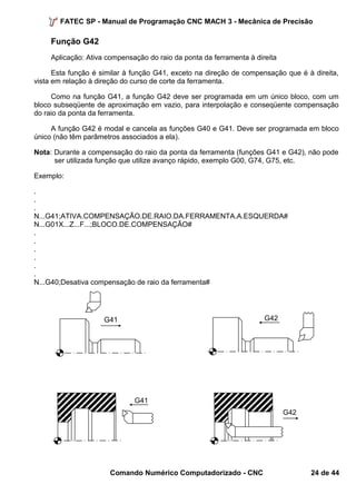 FATEC SP - Manual de Programação CNC MACH 3 - Mecânica de Precisão 
Função G42 
Aplicação: Ativa compensação do raio da ponta da ferramenta à direita 
Esta função é similar à função G41, exceto na direção de compensação que é à direita, 
vista em relação à direção do curso de corte da ferramenta. 
Como na função G41, a função G42 deve ser programada em um único bloco, com um 
bloco subseqüente de aproximação em vazio, para interpolação e conseqüente compensação 
do raio da ponta da ferramenta. 
A função G42 é modal e cancela as funções G40 e G41. Deve ser programada em bloco 
único (não têm parâmetros associados a ela). 
Nota: Durante a compensação do raio da ponta da ferramenta (funções G41 e G42), não pode 
ser utilizada função que utilize avanço rápido, exemplo G00, G74, G75, etc. 
Exemplo: 
... 
N...G41;ATIVA.COMPENSAÇÃO.DE.RAIO.DA.FERRAMENTA.A.ESQUERDA# 
N...G01X...Z...F...;BLOCO.DE.COMPENSAÇÃO# 
...... 
N...G40;Desativa compensação de raio da ferramenta# 
G41 G42 
G42 
G41 
Comando Numérico Computadorizado - CNC 24 de 44 
 