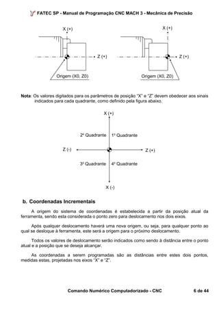 FATEC SP - Manual de Programação CNC MACH 3 - Mecânica de Precisão 
X (+) 
Z (+) 
Origem (X0, Z0) 
X (+) 
Z (+) 
Origem (X0, Z0) 
Nota: Os valores digitados para os parâmetros de posição “X” e “Z” devem obedecer aos sinais 
indicados para cada quadrante, como definido pela figura abaixo. 
X (+) 
2o Quadrante 1o Quadrante 
Z (-) Z (+) 
3o Quadrante 4o Quadrante 
b. Coordenadas Incrementais 
X (-) 
A origem do sistema de coordenadas é estabelecida a partir da posição atual da 
ferramenta, sendo esta considerada o ponto zero para deslocamento nos dois eixos. 
Após qualquer deslocamento haverá uma nova origem, ou seja, para qualquer ponto ao 
qual se desloque à ferramenta, este será a origem para o próximo deslocamento. 
Todos os valores de deslocamento serão indicados como sendo à distância entre o ponto 
atual e a posição que se deseja alcançar. 
As coordenadas a serem programadas são as distâncias entre estes dois pontos, 
medidas estas, projetadas nos eixos “X” e “Z”. 
Comando Numérico Computadorizado - CNC 6 de 44 
 