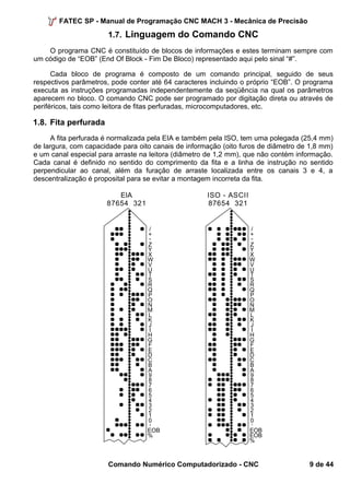FATEC SP - Manual de Programação CNC MACH 3 - Mecânica de Precisão 
1.7. Linguagem do Comando CNC 
O programa CNC é constituído de blocos de informações e estes terminam sempre com 
um código de “EOB” (End Of Block - Fim De Bloco) representado aqui pelo sinal “#”. 
Cada bloco de programa é composto de um comando principal, seguido de seus 
respectivos parâmetros, pode conter até 64 caracteres incluindo o próprio “EOB”. O programa 
executa as instruções programadas independentemente da seqüência na qual os parâmetros 
aparecem no bloco. O comando CNC pode ser programado por digitação direta ou através de 
periféricos, tais como leitora de fitas perfuradas, microcomputadores, etc. 
1.8. Fita perfurada 
A fita perfurada é normalizada pela EIA e também pela ISO, tem uma polegada (25,4 mm) 
de largura, com capacidade para oito canais de informação (oito furos de diâmetro de 1,8 mm) 
e um canal especial para arraste na leitora (diâmetro de 1,2 mm), que não contém informação. 
Cada canal é definido no sentido do comprimento da fita e a linha de instrução no sentido 
perpendicular ao canal, além da furação de arraste localizada entre os canais 3 e 4, a 
descentralização é proposital para se evitar a montagem incorreta da fita. 
/+-ZYXWVUTSRQPONMLKJIHGFEDCBA9876543210,E 
OB 
% 
EIA 
87654 321 
/+-ZYXWVUTSRQPONMLKJIHGFEDCBA9876543210,EOB 
EOB 
% 
ISO - ASCII 
87654 321 
Comando Numérico Computadorizado - CNC 9 de 44 
 