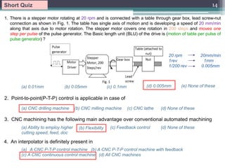 14
2. Point-to-point(P-T-P) control is applicable in case of
(a) CNC drilling machine
Short Quiz
(b) CNC milling machine (c) CNC lathe (d) None of these
1. There is a stepper motor rotating at 20 rpm and is connected with a table through gear box, lead screw-nut
connection as shown in Fig. 1. The table has single axis of motion and is developing a speed of 20 mm/min
along that axis due to motor rotation. The stepper motor covers one rotation in 200 steps and moves one
step per pulse of the pulse generator. The Basic length unit (BLU) of the drive is (motion of table per pulse of
pulse generator) ?
(a) 0.01mm (b) 0.05mm (c) 0.1mm (d) 0.005mm (e) None of these
3. CNC machining has the following main advantage over conventional automated machining
(a) Ability to employ higher
cutting speed, feed, doc
(b) Flexibility (c) Feedback control (d) None of these
4. An interpolator is definitely present in
(a) A CNC P-T-P control machine (b) A CNC P-T-P control machine with feedback
(c) A CNC continuous control machine (d) All CNC machines
20 rpm 20mm/min
1rev 1mm
1/200 rev 0.005mm
 