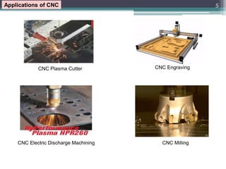 5
Applications of CNC
CNC Plasma Cutter CNC Engraving
CNC Electric Discharge Machining CNC Milling
 