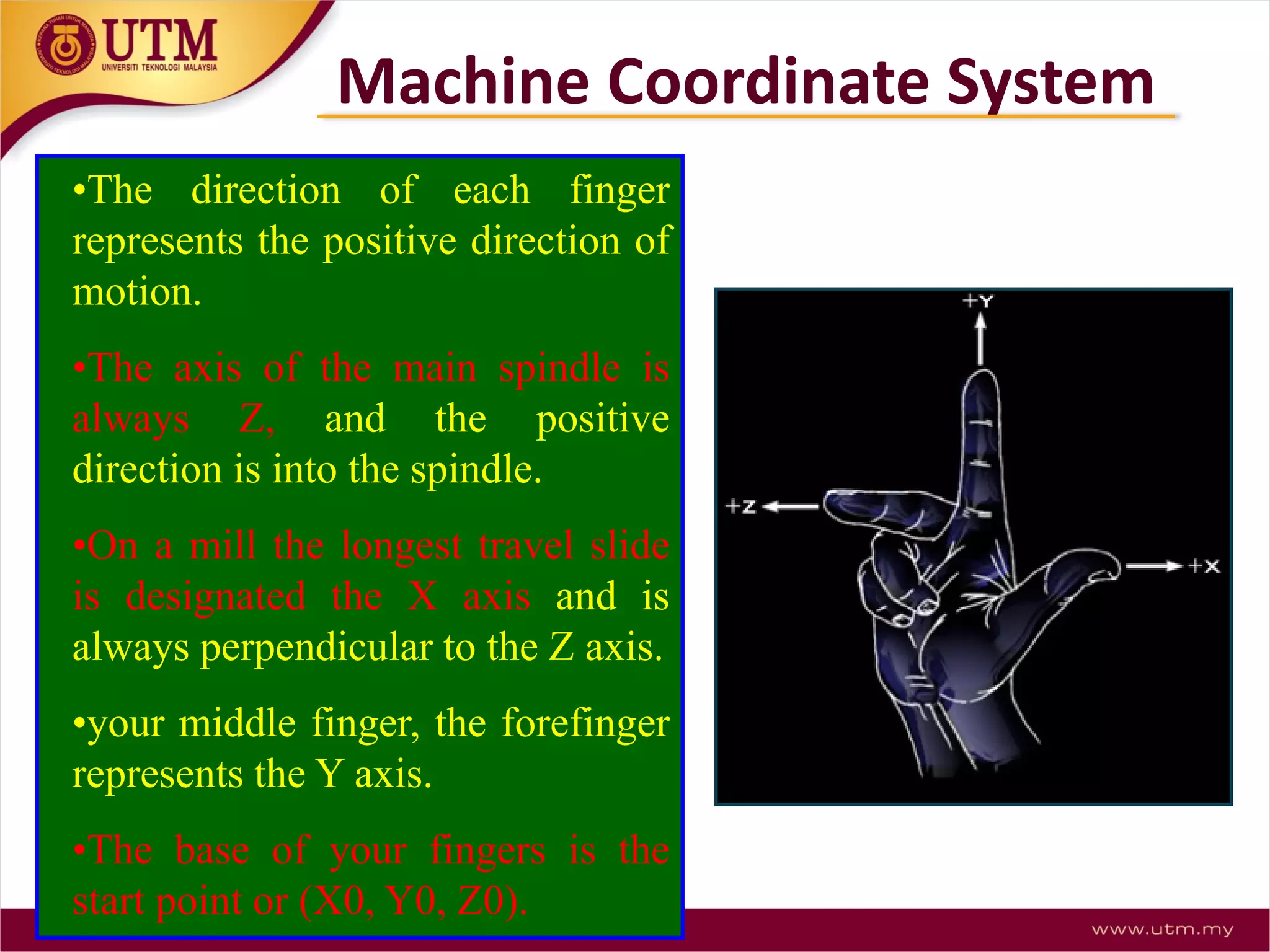 •The direction of each finger
represents the positive direction of
motion.
•The axis of the main spindle is
always Z, and the positive
direction is into the spindle.
•On a mill the longest travel slide
is designated the X axis and is
always perpendicular to the Z axis.
•your middle finger, the forefinger
represents the Y axis.
•The base of your fingers is the
start point or (X0, Y0, Z0).
Machine Coordinate System
 