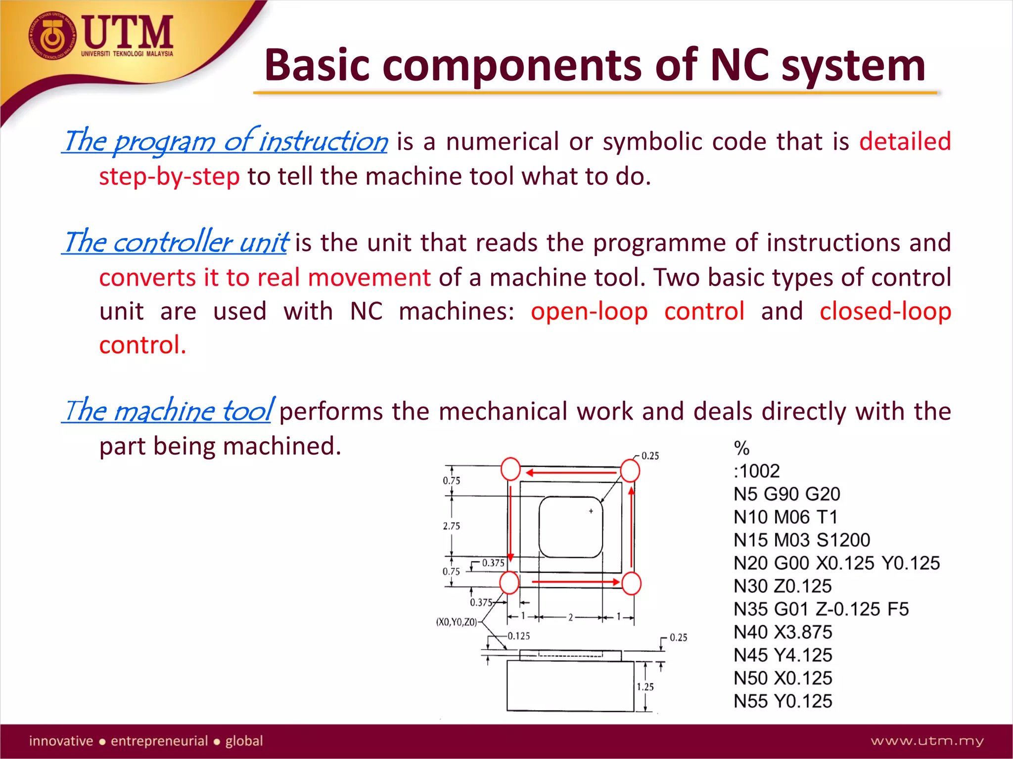 Basic components of NC system
The program of instruction is a numerical or symbolic code that is detailed
step-by-step to tell the machine tool what to do.
The controller unit is the unit that reads the programme of instructions and
converts it to real movement of a machine tool. Two basic types of control
unit are used with NC machines: open-loop control and closed-loop
control.
The machine tool performs the mechanical work and deals directly with the
part being machined.
 