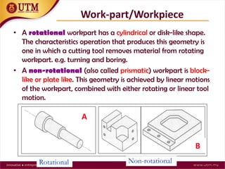 • A rotational workpart has a cylindrical or disk-like shape.
The characteristics operation that produces this geometry is
one in which a cutting tool removes material from rotating
workpart. e.g. turning and boring.
• A non-rotational (also called prismatic) workpart is block-
like or plate like. This geometry is achieved by linear motions
of the workpart, combined with either rotating or linear tool
motion.
Work-part/Workpiece
Rotational Non-rotational
A
B
 