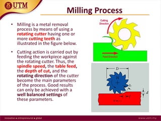 • Milling is a metal removal
process by means of using a
rotating cutter having one or
more cutting teeth as
illustrated in the figure below.
• Cutting action is carried out by
feeding the workpiece against
the rotating cutter. Thus, the
spindle speed, the table feed,
the depth of cut, and the
rotating direction of the cutter
become the main parameters
of the process. Good results
can only be achieved with a
well balanced settings of
these parameters.
Milling Process
 