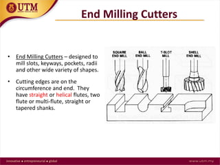 • End Milling Cutters – designed to
mill slots, keyways, pockets, radii
and other wide variety of shapes.
• Cutting edges are on the
circumference and end. They
have straight or helical flutes, two
flute or multi-flute, straight or
tapered shanks.
End Milling Cutters
 