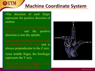 •The direction of each finger
represents the positive direction of
motion.
•The axis of the main spindle is
always Z, and the positive
direction is into the spindle.
•On a mill the longest travel slide
is designated the X axis and is
always perpendicular to the Z axis.
•your middle finger, the forefinger
represents the Y axis.
•The base of your fingers is the
start point or (X0, Y0, Z0).
Machine Coordinate System
 