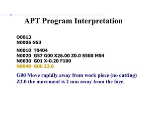 O0013
N0005 G53
N0010 T0404
N0020 G57 G00 X26.00 Z0.0 S500 M04
N0030 G01 X-0.20 F100
N0040 G00 Z2.0
G00 Move rapidly away from work piece (no cutting)
Z2.0 the movement is 2 mm away from the face.
APT Program Interpretation
 