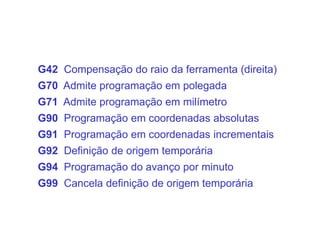 G42 Compensação do raio da ferramenta (direita)
G70 Admite programação em polegada
G71 Admite programação em milímetro
G90 Programação em coordenadas absolutas
G91 Programação em coordenadas incrementais
G92 Definição de origem temporária
G94 Programação do avanço por minuto
G99 Cancela definição de origem temporária
 