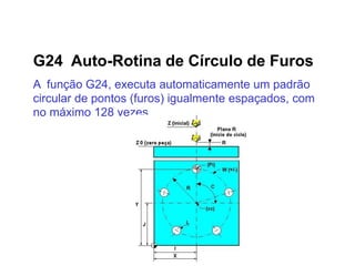 G24 Auto-Rotina de Círculo de Furos
A função G24, executa automaticamente um padrão
circular de pontos (furos) igualmente espaçados, com
no máximo 128 vezes.
 