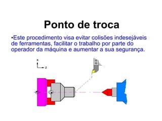 Ponto de troca
•Este procedimento visa evitar colisões indesejáveis
de ferramentas, facilitar o trabalho por parte do
operador da máquina e aumentar a sua segurança.
 