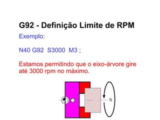 G92 - Definição Limite de RPM
Exemplo:
N40 G92 S3000 M3 ;
Estamos permitindo que o eixo-árvore gire
até 3000 rpm no máximo.
 