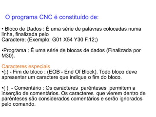 O programa CNC é constituído de:
• Bloco de Dados : É uma série de palavras colocadas numa
linha, finalizada pelo
Caractere; (Exemplo: G01 X54 Y30 F.12;)
•Programa : É uma série de blocos de dados (Finalizada por
M30).
Caracteres especiais
•(;) - Fim de bloco : (EOB - End Of Block). Todo bloco deve
apresentar um caractere que indique o fim do bloco.
•( ) - Comentário : Os caracteres parênteses permitem a
inserção de comentários. Os caracteres que vierem dentro de
parênteses são considerados comentários e serão ignorados
pelo comando.
 
