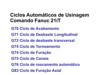G70 Ciclo de Acabamento
G71 Ciclo de Desbaste Longitudinal
G72 Ciclo de desbaste transversal
G74 Ciclo de Torneamento
G74 Ciclo de Furação
G75 Ciclo de Canais
G76 Ciclo de roscamento automático
G83 Ciclo de Furação Axial
Ciclos Automáticos de Usinagem
Comando Fanuc 21iT
 