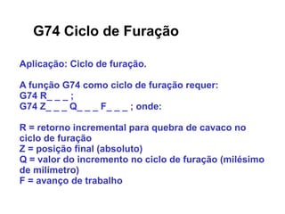 G74 Ciclo de Furação
Aplicação: Ciclo de furação.
A função G74 como ciclo de furação requer:
G74 R_ _ _ ;
G74 Z_ _ _ Q_ _ _ F_ _ _ ; onde:
R = retorno incremental para quebra de cavaco no
ciclo de furação
Z = posição final (absoluto)
Q = valor do incremento no ciclo de furação (milésimo
de milímetro)
F = avanço de trabalho
 