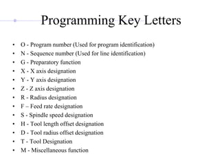 Programming Key Letters
• O - Program number (Used for program identification)
• N - Sequence number (Used for line identification)
• G - Preparatory function
• X - X axis designation
• Y - Y axis designation
• Z - Z axis designation
• R - Radius designation
• F – Feed rate designation
• S - Spindle speed designation
• H - Tool length offset designation
• D - Tool radius offset designation
• T - Tool Designation
• M - Miscellaneous function
 