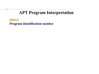 APT Program Interpretation
O0013
Program identification number
 