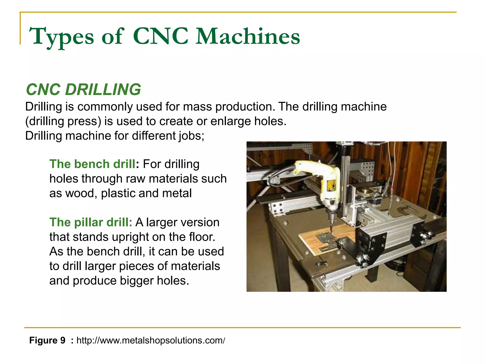 Types of CNC Machines 
CNC DRILLING 
Drilling is commonly used for mass production. The drilling machine 
(drilling press) is used to create or enlarge holes. 
Drilling machine for different jobs; 
The bench drill: For drilling 
holes through raw materials such 
as wood, plastic and metal 
The pillar drill: A larger version 
that stands upright on the floor. 
As the bench drill, it can be used 
to drill larger pieces of materials 
and produce bigger holes. 
Figure 9 : http://www.metalshopsolutions.com/ 
 