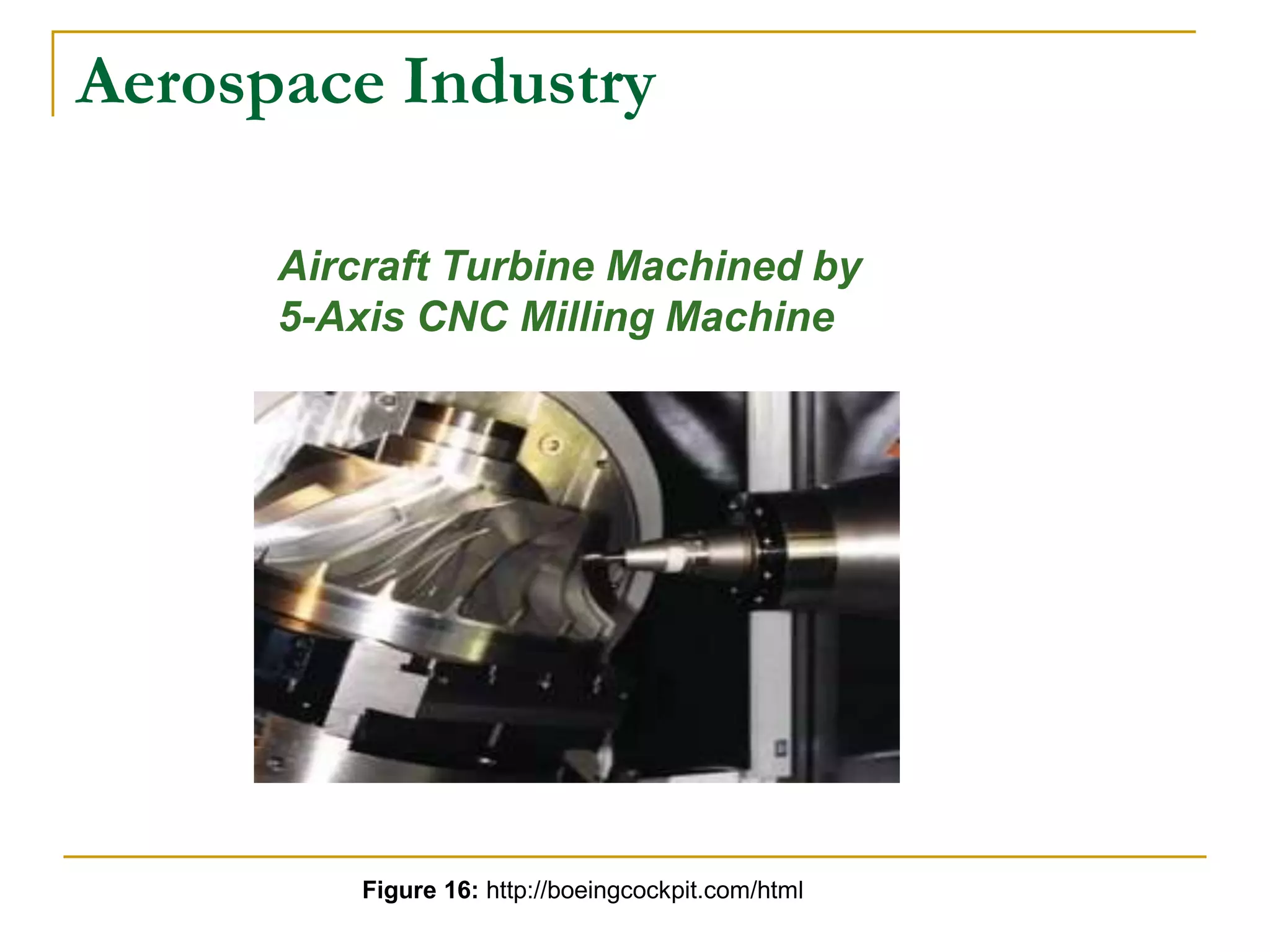 Aerospace Industry 
Aircraft Turbine Machined by 
5-Axis CNC Milling Machine 
Figure 16: http://boeingcockpit.com/html 
 