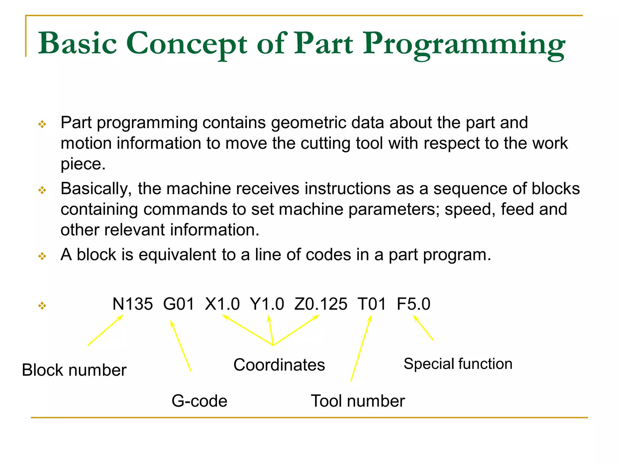 Basic Concept of Part Programming 
 Part programming contains geometric data about the part and 
motion information to move the cutting tool with respect to the work 
piece. 
 Basically, the machine receives instructions as a sequence of blocks 
containing commands to set machine parameters; speed, feed and 
other relevant information. 
 A block is equivalent to a line of codes in a part program. 
 N135 G01 X1.0 Y1.0 Z0.125 T01 F5.0 
Block number Coordinates 
Special function 
Tool number 
G-code 
 
