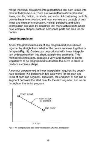 16
merge individual axis points into a predefined tool path is built into
most of today’s MCUs. There are five methods of interpolation:
linear, circular, helical, parabolic, and cubic. All contouring controls
provide linear interpolation, and most controls are capable of both
linear and circular interpolation. Helical, parabolic, and cubic
interpolation are used by industries that manufacture parts which
have complex shapes, such as aerospace parts and dies for car
bodies.
Linear Interpolation
Linear Interpolation consists of any programmed points linked
together by straight lines, whether the points are close together or
far apart (Fig. 11). Curves can be produced with linear interpola-
tion by breaking them into short, straight-line segments. This
method has limitations, because a very large number of points
would have to be programmed to describe the curve in order to
produce a contour shape.
A contour programmed in linear interpolation requires the coordi-
nate positions (XY positions in two-axis work) for the start and
finish of each line segment. Therefore, the end point of one line or
segment becomes the start point for the next segment, and so on,
throughout the entire program.
Fig. 11 An example of two-axis linear interpolation. (Kelmar Associates)
 