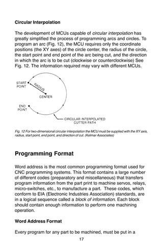 17
Fig. 12 For two-dimensional circular interpolation the MCU must be supplied with the XY axis,
radius, start point, end point, and direction of cut. (Kelmar Associates)
Programming Format
Word address is the most common programming format used for
CNC programming systems. This format contains a large number
of different codes (preparatory and miscellaneous) that transfers
program information from the part print to machine servos, relays,
micro-switches, etc., to manufacture a part. These codes, which
conform to EIA (Electronic Industries Association) standards, are
in a logical sequence called a block of information. Each block
should contain enough information to perform one machining
operation.
Word Address Format
Every program for any part to be machined, must be put in a
Circular Interpolation
The development of MCUs capable of circular interpolation has
greatly simplified the process of programming arcs and circles. To
program an arc (Fig. 12), the MCU requires only the coordinate
positions (the XY axes) of the circle center, the radius of the circle,
the start point and end point of the arc being cut, and the direction
in which the arc is to be cut (clockwise or counterclockwise) See
Fig. 12. The information required may vary with different MCUs.
 