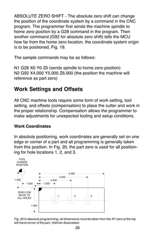26
ABSOLUTE ZERO SHIFT - The absolute zero shift can change
the position of the coordinate system by a command in the CNC
program. The programmer first sends the machine spindle to
home zero position by a G28 command in the program. Then
another command (G92 for absolute zero shift) tells the MCU
how far from the home zero location, the coordinate system origin
is to be positioned, Fig. 19.
The sample commands may be as follows:
N1 G28 X0 Y0 Z0 (sends spindle to home zero position)
N2 G92 X4.000 Y5.000 Z6.000 (the position the machine will
reference as part zero)
Work Settings and Offsets
All CNC machine tools require some form of work setting, tool
setting, and offsets (compensation) to place the cutter and work in
the proper relationship. Compensation allows the programmer to
make adjustments for unexpected tooling and setup conditions.
Work Coordinates
In absolute positioning, work coordinates are generally set on one
edge or corner of a part and all programming is generally taken
from this position. In Fig. 20, the part zero is used for all position-
ing for hole locations 1, 2, and 3.
Fig. 20 In absolute programming, all dimensions must be taken from the XY zero at the top
left-hand corner of the part. (Kelmar Associates)
 