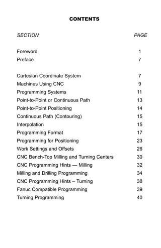 CONTENTS
SECTION PAGE
Foreword 1
Preface 7
Cartesian Coordinate System 7
Machines Using CNC 9
Programming Systems 11
Point-to-Point or Continuous Path 13
Point-to-Point Positioning 14
Continuous Path (Contouring) 15
Interpolation 15
Programming Format 17
Programming for Positioning 23
Work Settings and Offsets 26
CNC Bench-Top Milling and Turning Centers 30
CNC Programming Hints — Milling 32
Milling and Drilling Programming 34
CNC Programming Hints – Turning 38
Fanuc Compatible Programming 39
Turning Programming 40
 