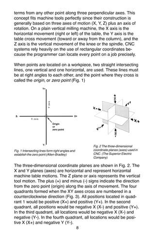 8
terms from any other point along three perpendicular axes. This
concept fits machine tools perfectly since their construction is
generally based on three axes of motion (X, Y, Z) plus an axis of
rotation. On a plain vertical milling machine, the X axis is the
horizontal movement (right or left) of the table, the Y axis is the
table cross movement (toward or away from the column), and the
Z axis is the vertical movement of the knee or the spindle. CNC
systems rely heavily on the use of rectangular coordinates be-
cause the programmer can locate every point on a job precisely.
When points are located on a workpiece, two straight intersecting
lines, one vertical and one horizontal, are used. These lines must
be at right angles to each other, and the point where they cross is
called the origin, or zero point (Fig. 1)
Fig. 1 Intersecting lines form right angles and
establish the zero point (Allen-Bradley)
The three-dimensional coordinate planes are shown in Fig. 2. The
X and Y planes (axes) are horizontal and represent horizontal
machine table motions. The Z plane or axis represents the vertical
tool motion. The plus (+) and minus (-) signs indicate the direction
from the zero point (origin) along the axis of movement. The four
quadrants formed when the XY axes cross are numbered in a
counterclockwise direction (Fig. 3). All positions located in quad-
rant 1 would be positive (X+) and positive (Y+). In the second
quadrant, all positions would be negative X (X-) and positive (Y+).
In the third quadrant, all locations would be negative X (X-) and
negative (Y-). In the fourth quadrant, all locations would be posi-
tive X (X+) and negative Y (Y-).
Fig. 2 The three-dimensional
coordinate planes (axes) used in
CNC. (The Superior Electric
Company)
 