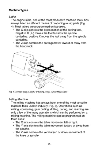 10
Machine Types
Lathe
The engine lathe, one of the most productive machine tools, has
always been an efficient means of producing round parts (Fig.
4). Most lathes are programmed on two axes.
• The X axis controls the cross motion of the cutting tool.
Negative X (X-) moves the tool towards the spindle
centerline; positive X moves the tool away from the spindle
centerline.
• The Z axis controls the carriage travel toward or away from
the headstock.
Fig. 4 The main axes of a lathe or turning center. (Emco Maier Corp)
Milling Machine
The milling machine has always been one of the most versatile
machine tools used in industry (Fig. 5). Operations such as
milling, contouring, gear cutting, drilling, boring, and reaming are
only a few of the many operations which can be performed on a
milling machine. The milling machine can be programmed on
three axes:
• The X axis controls the table movement left or right.
• The Y axis controls the table movement toward or away from
the column.
• The Z axis controls the vertical (up or down) movement of
the knee or spindle.
 