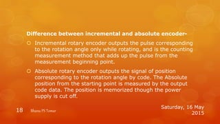 Difference between incremental and absolute encoder-
 Incremental rotary encoder outputs the pulse corresponding
to the rotation angle only while rotating, and is the counting
measurement method that adds up the pulse from the
measurement beginning point.
 Absolute rotary encoder outputs the signal of position
corresponding to the rotation angle by code. The Absolute
position from the starting point is measured by the output
code data. The position is memorized though the power
supply is cut off.
Saturday, 16 May
2015
Bhanu PS Tomar18
 