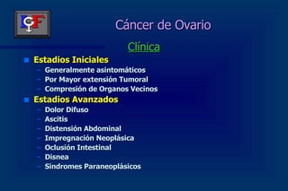 Cáncer de Ovario Clínica Estadios Iniciales Generalmente asintomáticos Por Mayor extensión Tumoral Compresión de Organos Vecinos Estadios Avanzados Dolor Difuso Ascitis Distensión Abdominal Impregnación Neoplásica Oclusión Intestinal Disnea Sindromes Paraneoplásicos 