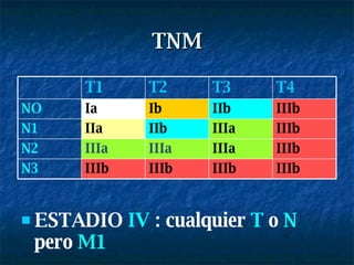 TNM ESTADIO  IV  : cualquier  T  o  N  pero  M1 IIIb IIIb IIIb IIIb N3 IIIb IIIa IIIa IIIa N2 IIIb IIIa IIb IIa N1 IIIb IIb Ib Ia NO T4 T3 T2 T1 