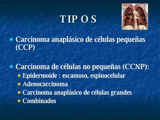 TIPOS Carcinoma anaplásico de células pequeñas (CCP) Carcinoma de células no pequeñas (CCNP):  Epidermoide : escamoso, espinocelular Adenocarcinoma Carcinoma anaplásico de células grandes  Combinados 