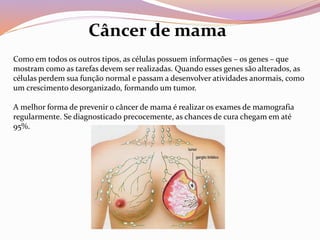 Como em todos os outros tipos, as células possuem informações – os genes – que
mostram como as tarefas devem ser realizadas. Quando esses genes são alterados, as
células perdem sua função normal e passam a desenvolver atividades anormais, como
um crescimento desorganizado, formando um tumor.
A melhor forma de prevenir o câncer de mama é realizar os exames de mamografia
regularmente. Se diagnosticado precocemente, as chances de cura chegam em até
95%.
Câncer de mama
 