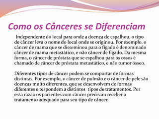 Como os Cânceres se Diferenciam
Independente do local para onde a doença de espalhou, o tipo
de câncer leva o nome do local onde se originou. Por exemplo, o
câncer de mama que se disseminou para o fígado é denominado
câncer de mama metastático, e não câncer de fígado. Da mesma
forma, o câncer de próstata que se espalhou para os ossos é
chamado de câncer de próstata metastático, e não tumor ósseo.
Diferentes tipos de câncer podem se comportar de formas
distintas. Por exemplo, o câncer de pulmão e o câncer de pele são
doenças muito diferentes, que se desenvolvem de formas
diferentes e respondem a distintos tipos de tratamentos. Por
essa razão os pacientes com câncer precisam receber o
tratamento adequado para seu tipo de câncer.
 