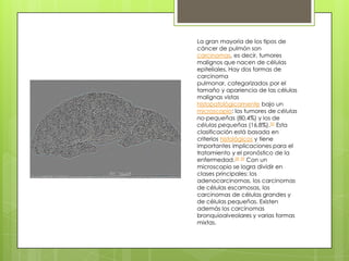 La gran mayoría de los tipos de
cáncer de pulmón son
carcinomas, es decir, tumores
malignos que nacen de células
epiteliales. Hay dos formas de
carcinoma
pulmonar, categorizados por el
tamaño y apariencia de las células
malignas vistas
histopatológicamente bajo un
microscopio: los tumores de células
no-pequeñas (80,4%) y los de
células pequeñas (16,8%).35 Esta
clasificación está basada en
criterios histológicos y tiene
importantes implicaciones para el
tratamiento y el pronóstico de la
enfermedad.38 39 Con un
microscopio se logra dividir en
clases principales: los
adenocarcinomas, los carcinomas
de células escamosas, los
carcinomas de células grandes y
de células pequeñas. Existen
además los carcinomas
bronquioalveolares y varias formas
mixtas.
 