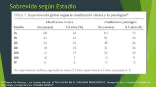 Sobrevida según Estadio
Mª Teresa Río Ramírez, Luis Jiménez Hiscock. ACTUALIZACIÓN EN EL CARCINOMA BRONCOGÉNICO. Monografías de la Sociedad Madrileña de
Neumología y Cirugía Torácica. VOLUMEN XIX/2012
 