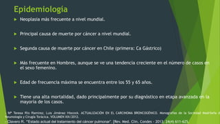 Epidemiología
 Neoplasia más frecuente a nivel mundial.
 Principal causa de muerte por cáncer a nivel mundial.
 Segunda causa de muerte por cáncer en Chile (primera: Ca Gástrico)
 Más frecuente en Hombres, aunque se ve una tendencia creciente en el número de casos en
el sexo femenino.
 Edad de frecuencia máxima se encuentra entre los 55 y 65 años.
 Tiene una alta mortalidad, dado principalmente por su diagnóstico en etapa avanzada en la
mayoría de los casos.
- Mª Teresa Río Ramírez, Luis Jiménez Hiscock. ACTUALIZACIÓN EN EL CARCINOMA BRONCOGÉNICO. Monografías de la Sociedad Madrileña d
Neumología y Cirugía Torácica. VOLUMEN XIX/2012.
- Clavero R. “Estado actual del tratamiento del cáncer pulmonar”. [Rev. Med. Clin. Condes - 2013; 24(4) 611-625.
 