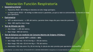 Valoración Función Respiratoria
 Gasometría Arterial:
 Hipoxemia (PaO2 <60 mmHg) se relaciona con alto riesgo quirúrgico.
 La Hipercapnia (PCO2 > 45 mmHg) no debe excluir a pacientes, ya que su valor es controvertido en relación al riesgo
post operatorio.
 Espirometría:
 VEF1 es determinante: < a 30% del teórico, paciente tiene riesgo alto para resección pulmonar.
 Valor >80% significa bajo riesgo.
 Test de Difusión de CO2:
 Alto riesgo: < a 30% del teórico.
 Bajo riesgo: >80% del teórico.
 Test de Esfuerzo con medición de Consumo Máximo de Oxígeno (VO2Max):
Reservado para cuando VEF1 o DCO2 < 80%.
 Alto riesgo: VO2 máx <10 ml/min/Kg o < 35% del teórico.
 Bajo riesgo: VO2 máx >20 ml/min/Kg o > 75% del teórico.
 Intermedio: VO2 máx entre 10 y 20 ml/min/kg  cálculo de valor previsto post operatorio (VO2maxPPO)
Mª Teresa Río Ramírez, Luis Jiménez Hiscock. ACTUALIZACIÓN EN EL CARCINOMA BRONCOGÉNICO. Monografías de la Sociedad Madrileña de Neumología y Cirugía Torácica. VOLUMEN
XIX/2012
 