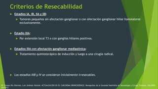 Criterios de Resecabilidad
 Estadios IA, IB, IIA y IIB:
 Tumores pequeños sin afectación ganglionar o con afectación ganglionar hiliar homolateral
exclusivamente.
 Estadio IIIA:
 Por extensión local T3 o con ganglios hiliares positivos.
 Estadios IIIA con afectación ganglionar mediastínica:
 Tratamiento quimioterápico de inducción y luego a una cirugía radical.
 Los estadios IIIB y IV se consideran inicialmente irresecables.
Mª Teresa Río Ramírez, Luis Jiménez Hiscock. ACTUALIZACIÓN EN EL CARCINOMA BRONCOGÉNICO. Monografías de la Sociedad Madrileña de Neumología y Cirugía Torácica. VOLUMEN
XIX/2012
 