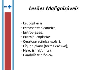 • Leucoplasias;
• Estomatite nicotínica;
• Eritroplasias;
• Eritroleucoplasia;
• Ceratose actínica (solar);
• Líquen plano (forma erosiva);
• Nevo (sinal/pinta);
• Candidíase crônica.
Lesões Malignizáveis
 