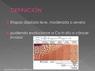     Etapas displasia leve, moderada o severa

      pudiendo evolucionar a Ca in situ o cáncer
       invasor




Guía de Practica Clínica IMSS Ca Cu
 