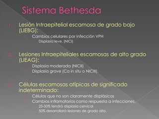 1.   Lesión Intraepitelial escamosa de grado bajo
     (LIEBG):
          Cambios celulares por infección VPH
              Displasia leve. (NICI)


2.   Lesiones Intraepiteliales escamosas de alto grado
     (LIEAG):
          Displasia moderada (NICII)
          Displasia grave (Ca in situ o NICIII).


3.   Células escamosas atípicas de significado
     indeterminado:
          Células que no son claramente displásicas
          Cambios inflamatorios como respuesta a infecciones.
              25-50% tendrá displasia cervical
              50% desarrollará lesiones de grado alto.
 