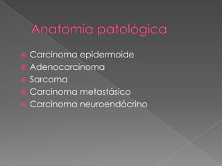    Carcinoma epidermoide
   Adenocarcinoma
   Sarcoma
   Carcinoma metastásico
   Carcinoma neuroendócrino
 