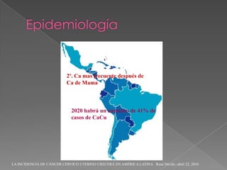 2º. Ca mas frecuente después de
                           Ca de Mama



                             2020 habrá un aumento de 41% de
                             casos de CaCu




LA INCIDENCIA DE CÁNCER CÉRVICO UTERINO CRECERÁ EN AMÉRICA LATINA René Dávila | abril 22, 2010
 