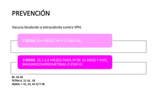 PREVENCIÓN
2 DOSIS (0-6 MESES) M 9-13 SIN VSA
3 DOSIS (0,1-2,6 MESES) PARA M DE 15 AÑOS Y MÁS,
INMUNOCOMPROMETIDAS O CON VI.
Vacuna bivalente o tetravalente contra VPH.
BI: 16-18
TETRA 6, 11 16 , 18
NONA: + 31, 33, 45 52 Y 58
 