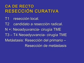 CA DE RECTO
RESECCI Ó N CURATIVA
T1 resección local.
T2 candidato a resección radical.
N +: Neoadyuvancia- cirugía TME
T3 – T4 Neoadyuvancia- cirugía TME
Metástasis: Resección del primario –
            Resección de metástasis
 